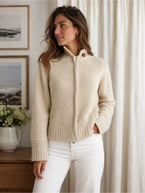 Vintage Cream Knit Zip-Front Wool Sweater Jacket-Small